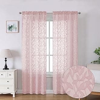 Lecloud Leia Clip Blush Pink Sheer Curtains 84 Inch Length 2 Panels, Jacquard Textured Leaf Light Filtering Voile Curtain for Girls Bedroom, Dual Rod Pockets Window Living Room Drapes, 38x84 Inch