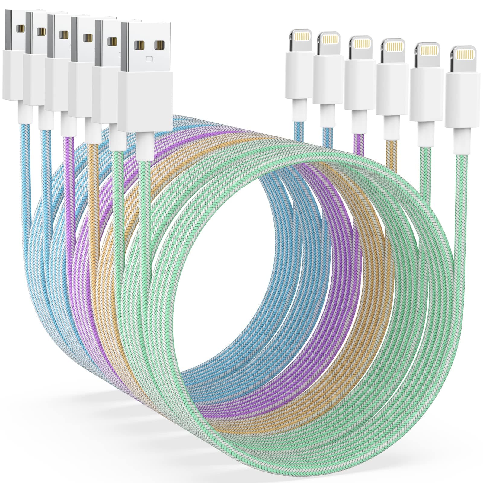 [Apple MFi Certified] 6Pack iPhone Charger - 3/3/6/6/6/10 FT Candy-Colored Nylon Braided USB Lightning Cable Compatible iPhone 13/12/11 Pro Max/XS MAX/XR/XS/X/8/7/Plus/6S/6/SE/5S