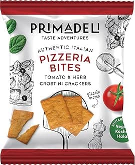 PrimadeliCrisp and Delicious Tomato& Herb Crostini Crackers - Pizzeria Bites - Vegan - 25g x 8 bags (25g (Pack of 8), Pizzeria Bites)