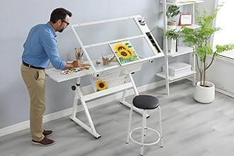 Drafting Table, 0-75° Tilt Glass-Topped Art Table with Storage Drawers and Stool, Adjustable Drawing Desk for Craft Station Studio Home Office School (White)