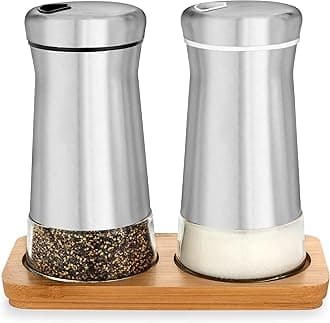 Salt and Pepper Shakers set with Adjustable Pour Holes - Elegant Stainless Steel Spice Dispenser - Perfect for Himalayan, Table Salt, White and Black Pepper (Salt & Pepper Shakers Set + Bamboo Stand)