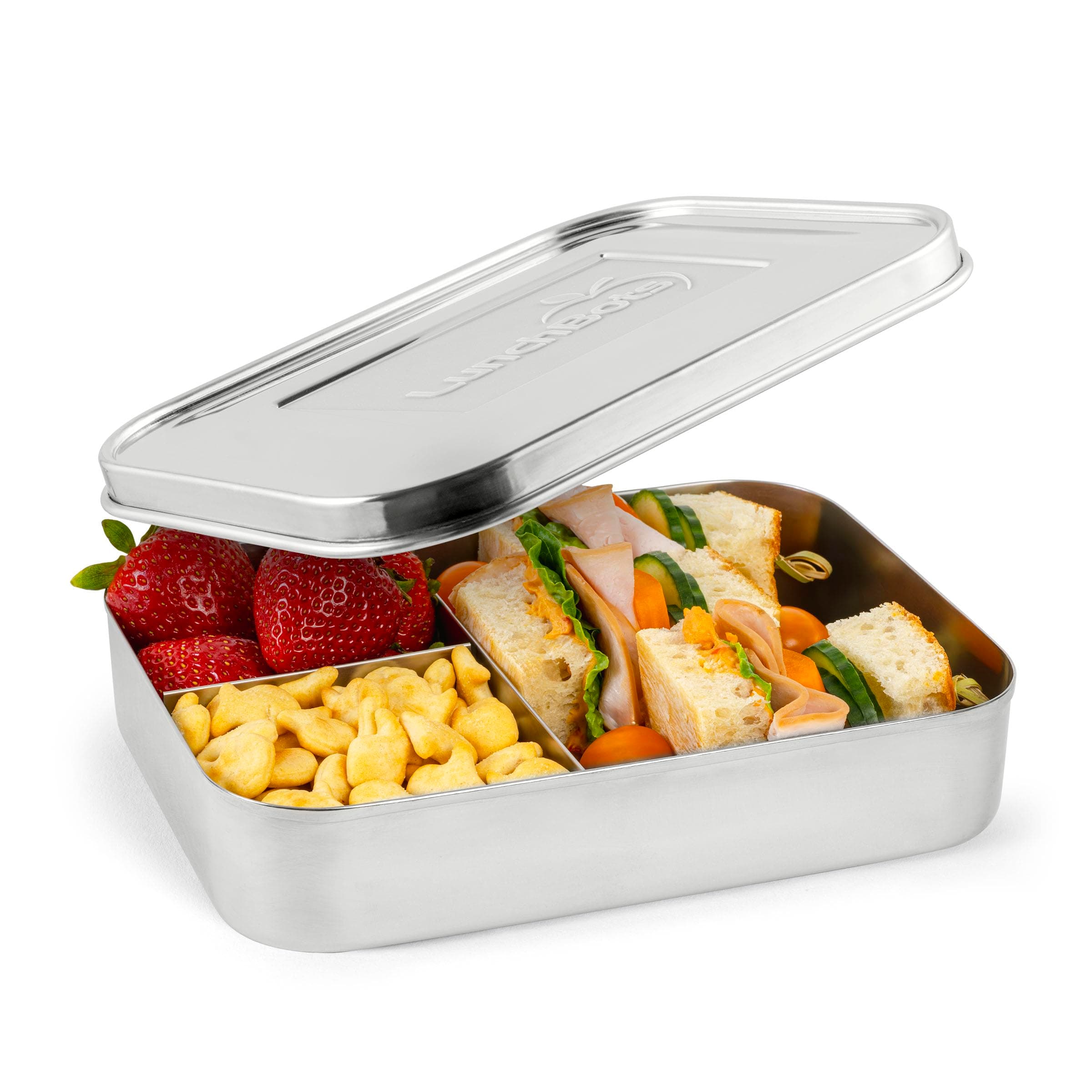 LunchBots Large Trio Stainless Steel Lunch Container -Three Section Design for Sandwich and Two Sides - Metal Bento Lunch Box - Eco-Friendly - Stainless Lid - Staineless Steel