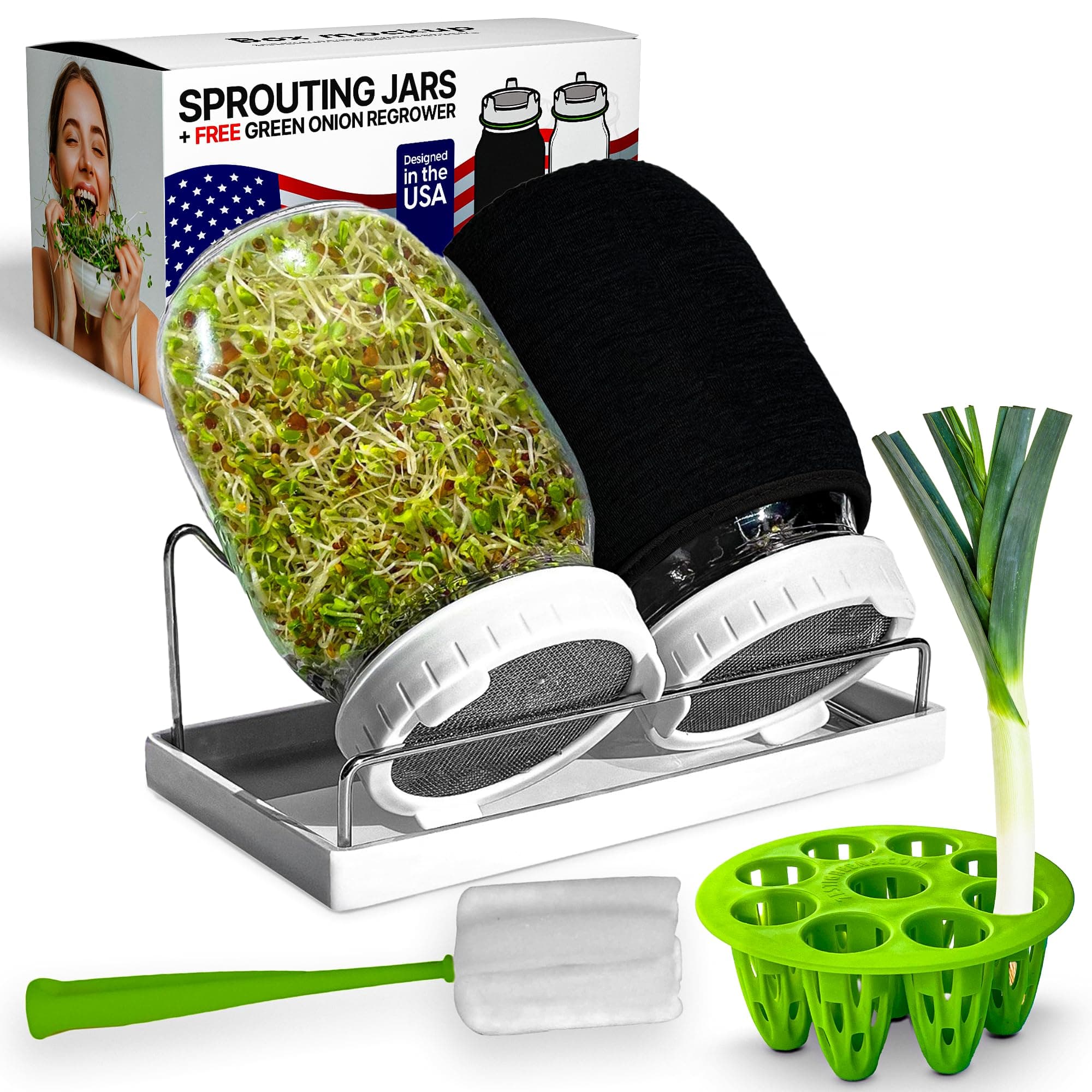 Premium Seed Sprouting Kit & Green Onion Regrower – 2 Wide-Mouth Mason Jars with Sprout Lids, Stainless Stand, Drain Tray, Blackout Sleeves & Cleaning Brush for Broccoli, Alfalfa & Mung Beans