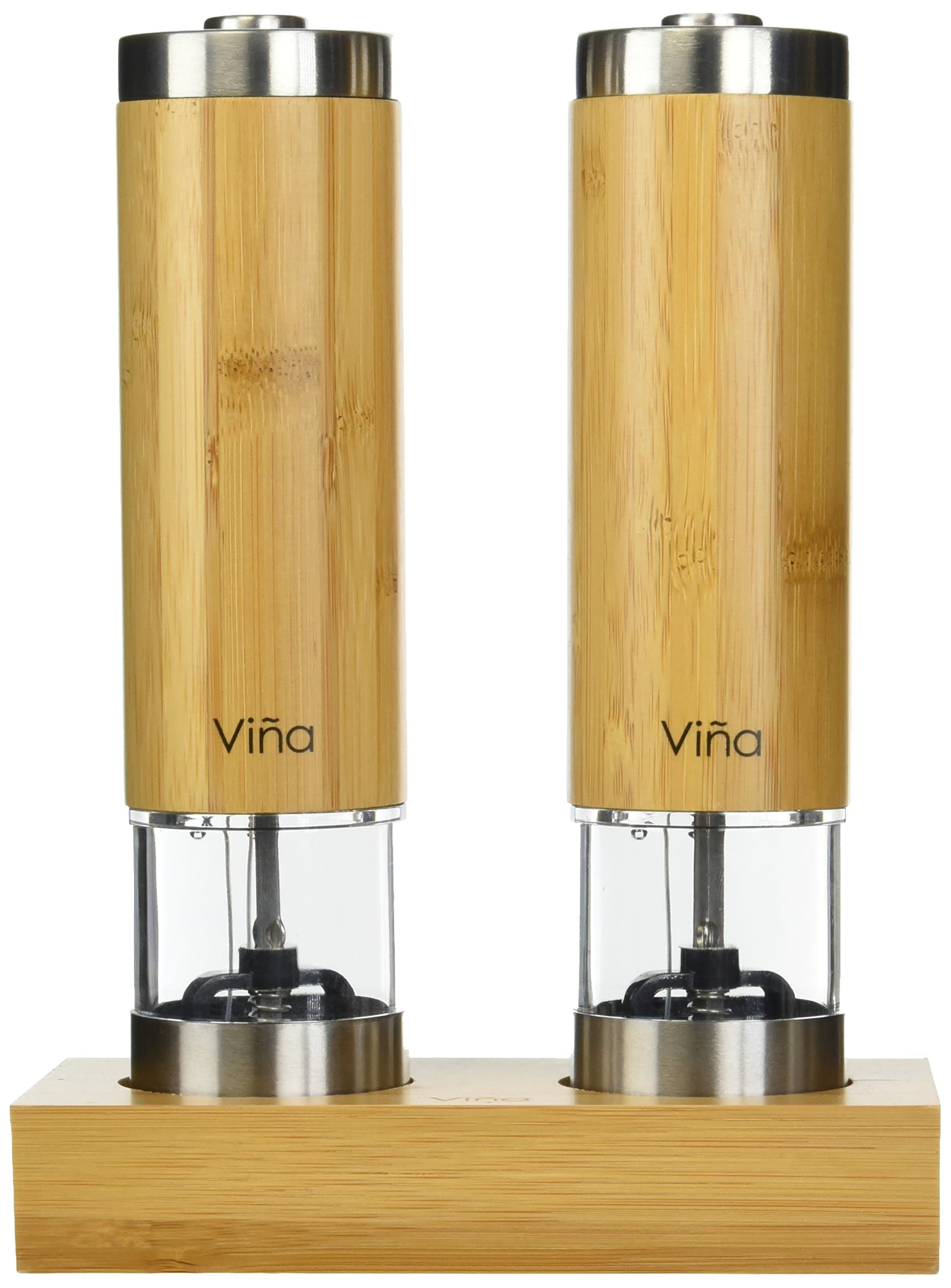 Vina Electric Automatic Salt and Pepper Grinder Set, Battery Operated, LED Light and Adjustable Ceramic, Stainless Steel and Bamboo Body Pepper Mill with Stand, Pack of 2