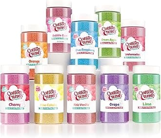 Cotton Candy Express Floss Sugar Variety Pack, 10 - 11oz Plastic Jars of Pina Colada, Orange, Bubble Gum, Grape, Watermelon, Green Apple, & More