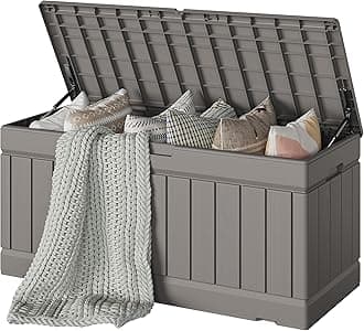Devoko 78 Gallon Deck Box, Waterproof Resin Outdoor Storage Box for Outside and Patio, Outdoor Storage Bench Lockable for Patio Furniture, Garden Tools and Pool Supplies (Light Brown, 78 Gallon)