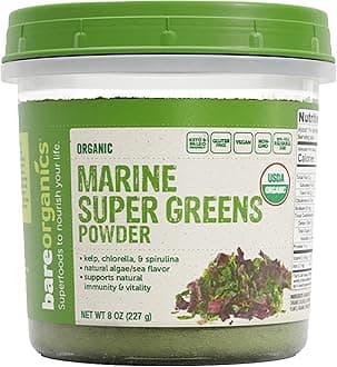 Marine Super Greens Powder | USDA Organic, Gluten-Free, Vegan, Non-GMO, BPA-Free | Kelp, Chlorella, Spirulina, 8oz