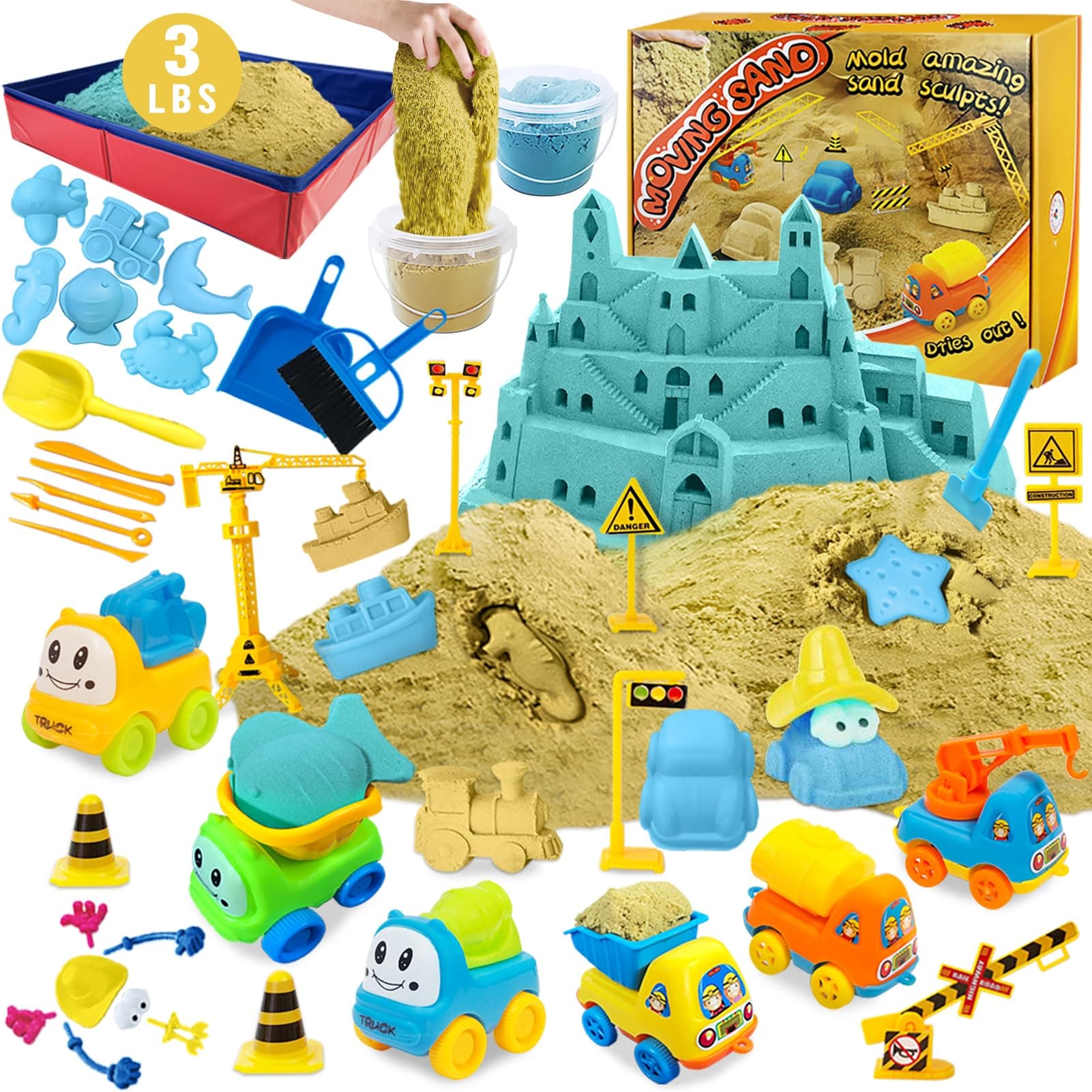 Play Construction Sand Kit - 3lbs Sand with 2 Colors, 6 Mini Construction Trucks, Construction Toys and Signs, Animal Mold, Modeling Tools, Foldable Sandbox, Gifts for Boys Girls