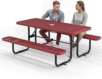 Metal Picnic Furniture for Outdoors with Umbrella Hole - Coated Steel Heavy Duty Commercial Grade Table with Adjustable Seats, Patio Set for a Lifetime (Red, 6' Rectangular)