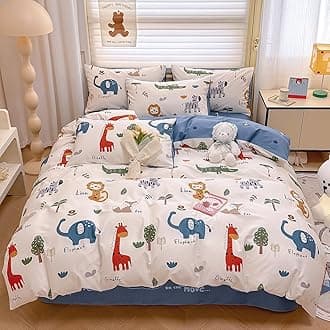 Kids Duvet Cover Queen Size, 100% Cotton Zoo Animals Duvet Cover Set for Boys Girls, Cartoon Lion Giraffe Elephant Print, Soft Breathable Bedding Set(1 Duvet Cover+2 Pillowcases)