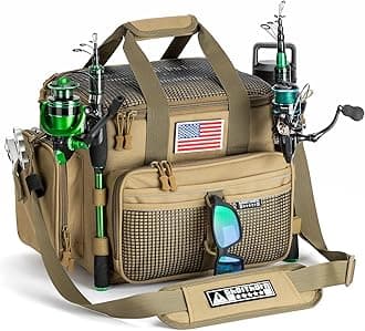 Ghosthorn Fishing Tackle Bag with Rod Holder Saltwater & Freshwater Resistant Large Tackle Box Bag - Adjustable Padded Shoulder Strap (Khaki)