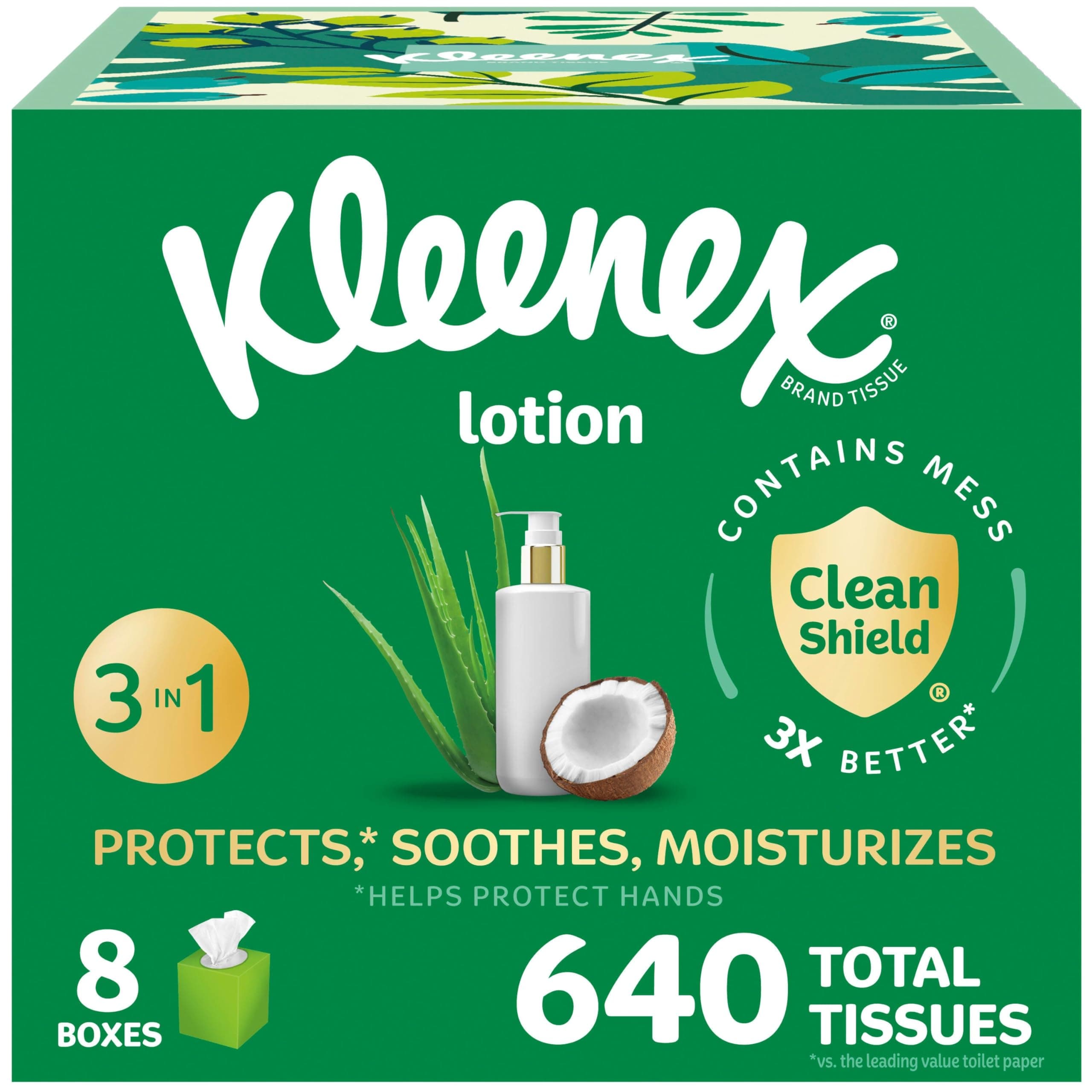 Kleenex Lotion Tissues with Coconut Oil, 8 Cube Boxes, 80 Tissues Per Box, 3 Pieces