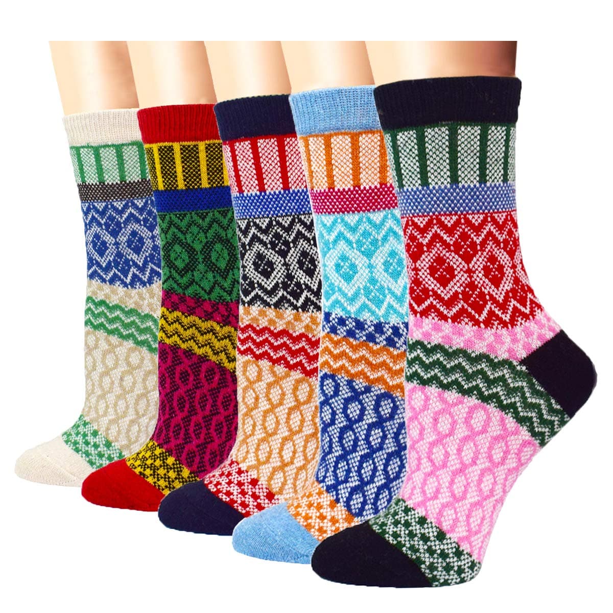 5Pack Womens Vintage Winter Soft Warm Thick Cold Knit Wool Crew Socks, Multicolor, free size