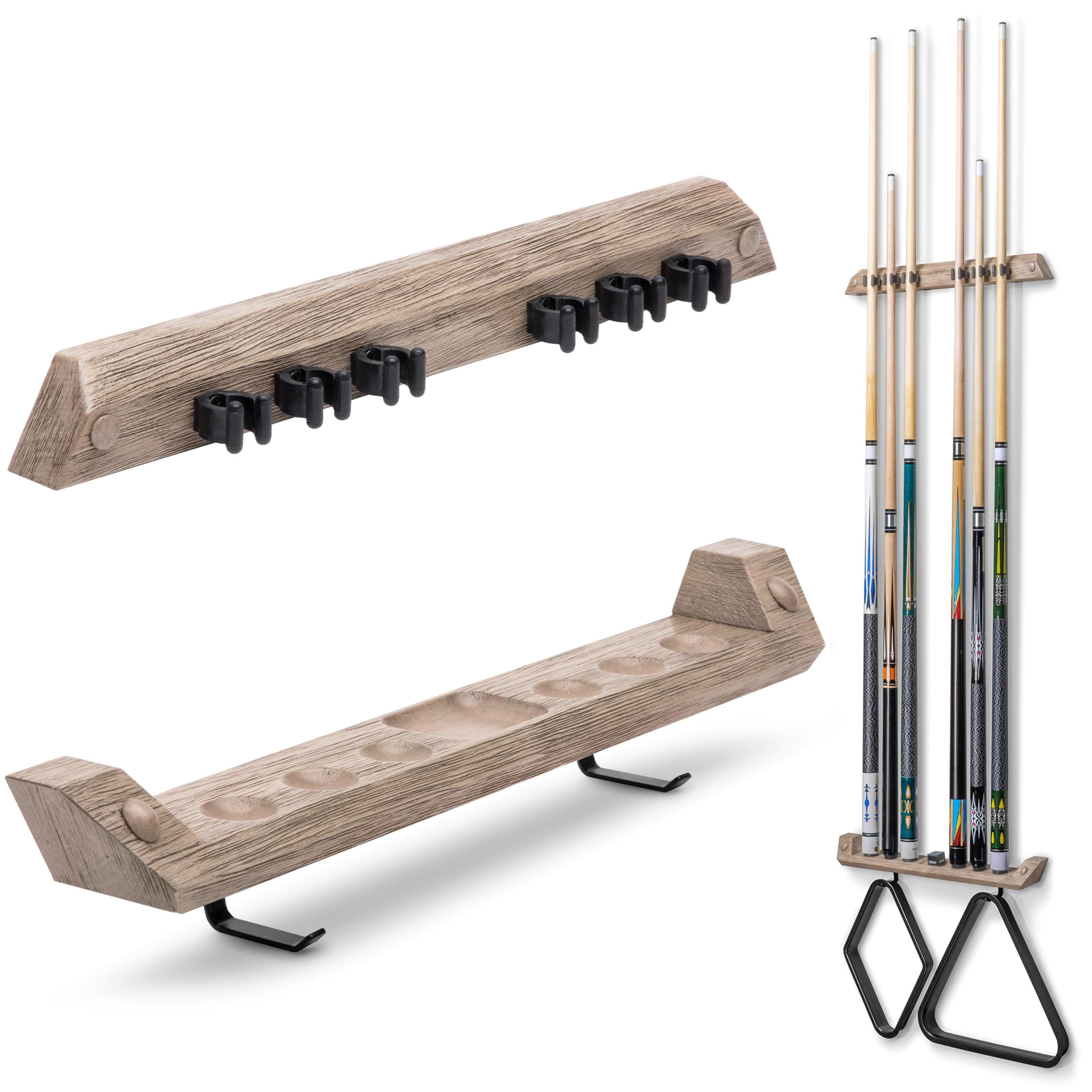 GoSports Wall Mounted Pool Cue Stick Holder - Holds 6 Cues and 2 Triangle Racks - Multiple Colors Available