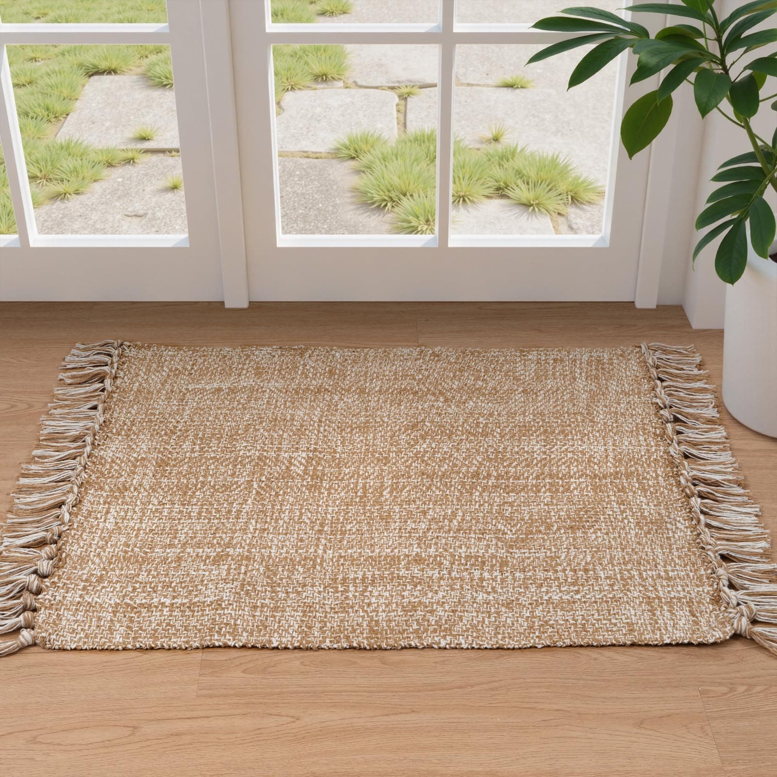 – Collive Small Bathroom Rug, 2' x 3' Hand-Woven Low Profile Front Entryway Rug, Tan Cotton Reversible Washable Kitchen Mat Modern Farmhouse Carpet for Foyer Bedroom Back Door Decor