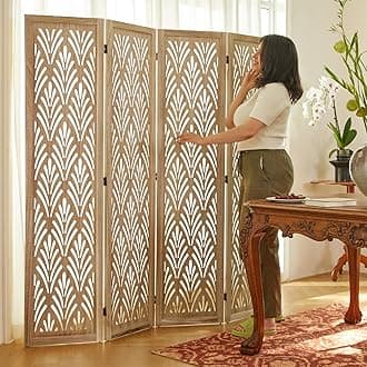 5.6Ft Room Divider Folding Wood Simple Carved Partition Screen for Home Office Garden - 4 Panels (Natural)