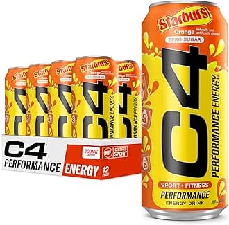 C4 Energy Drink, Starburst Orange, Carbonated Sugar Free Pre Workout Performance Drink with no Artificial Colors or Dyes, 16 Oz, Pack of 12