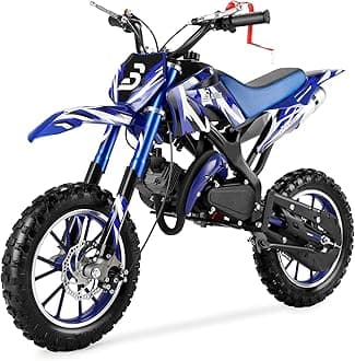 - 49CC Kids Gas Dirt Bike, 2-Stroke Gas Powered Motorcycle, Dual Disc Brakes, Front & Rear Shock, 10" Off-Road Tires, 28 MPH Top Speed, 132 LBS Max Load, Mini Dirtbike for Kids 8-14, Blue