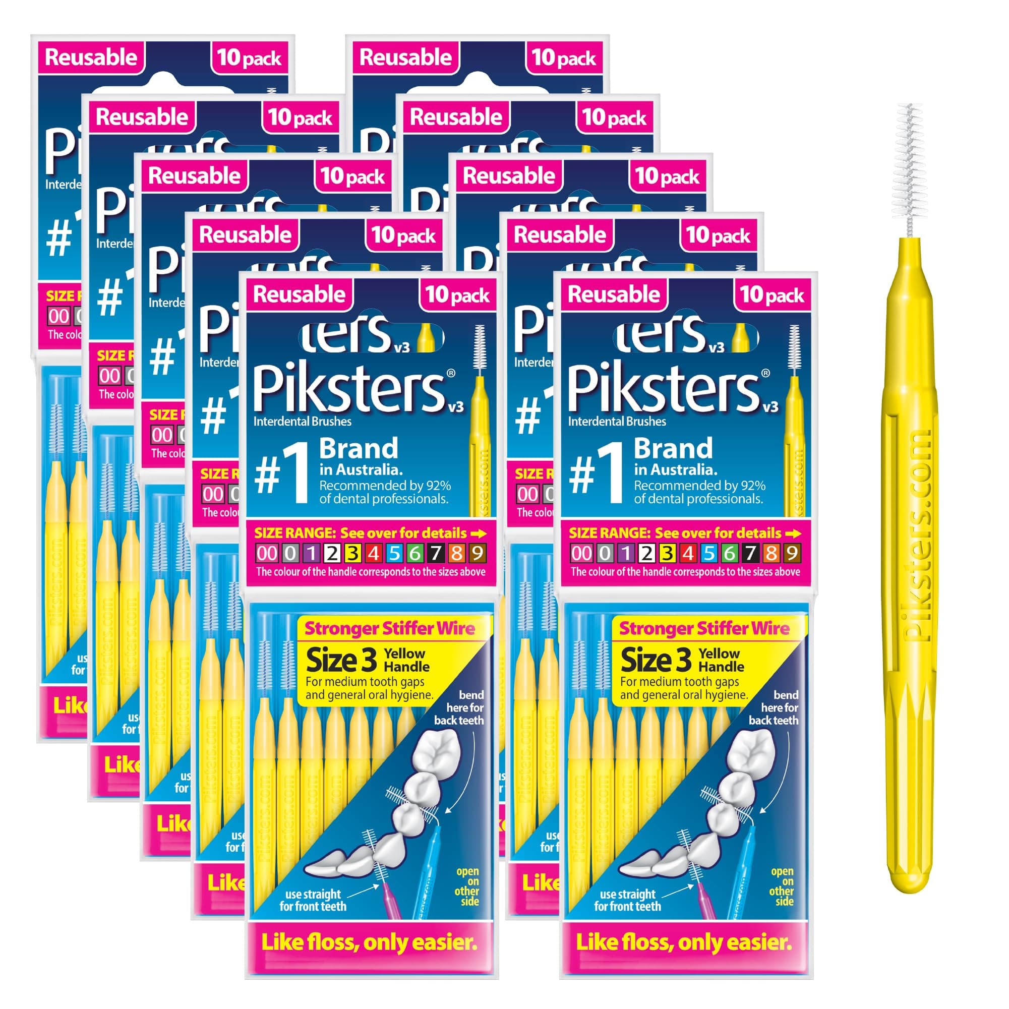 Piksters Interdental Brushes, Size 3, 100 Count (10 x 10 Packs), Interdental Tooth Brush for Medium Gaps, Gum Soft Bristles for Plaque Removal, Safe for Braces (100 pk)