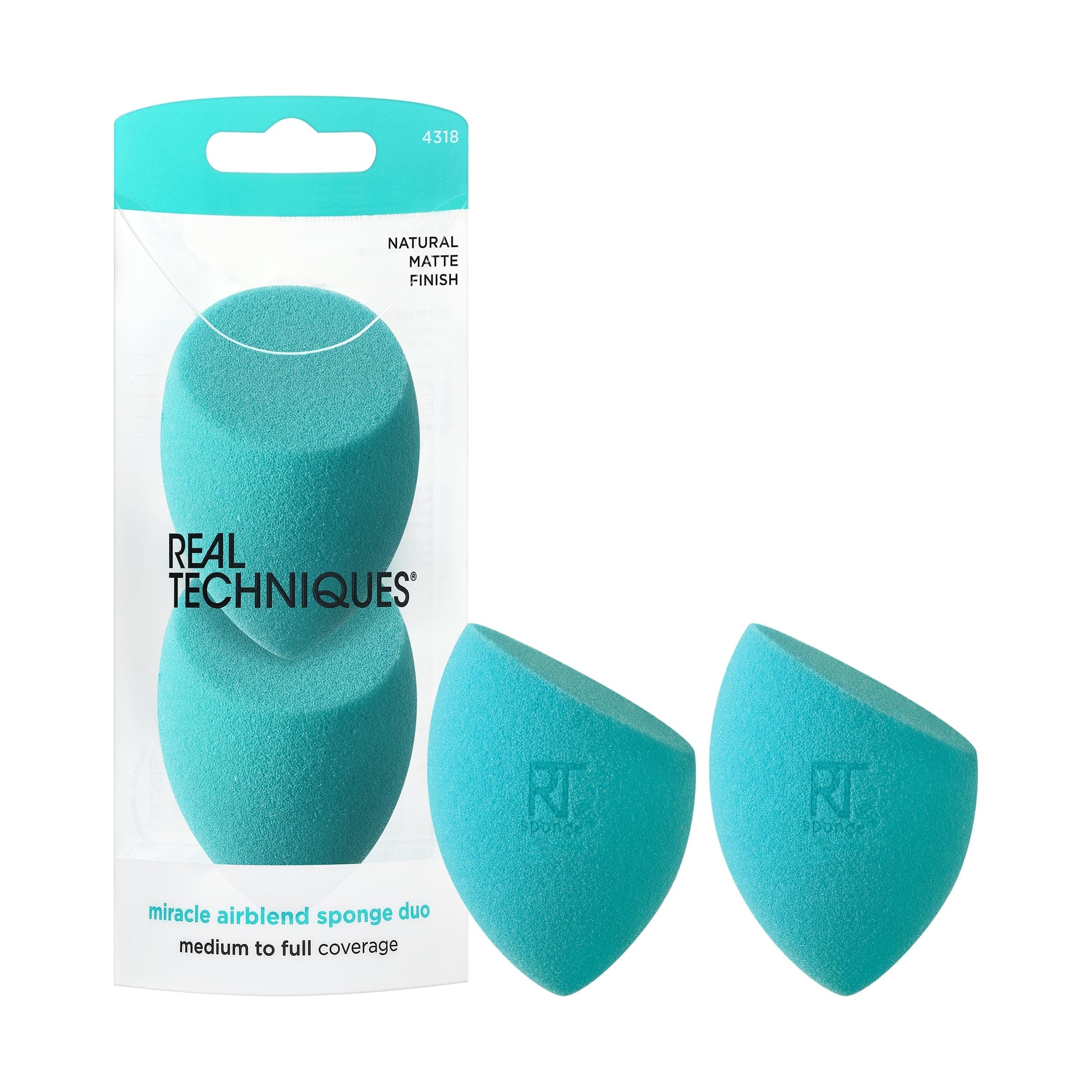 Real Techniques Miracle Airblend Makeup Sponge, Natural Mattifying Makeup Blending Sponge, Medium to Full Coverage, Airbrushed Finish, Blue, 2 Count