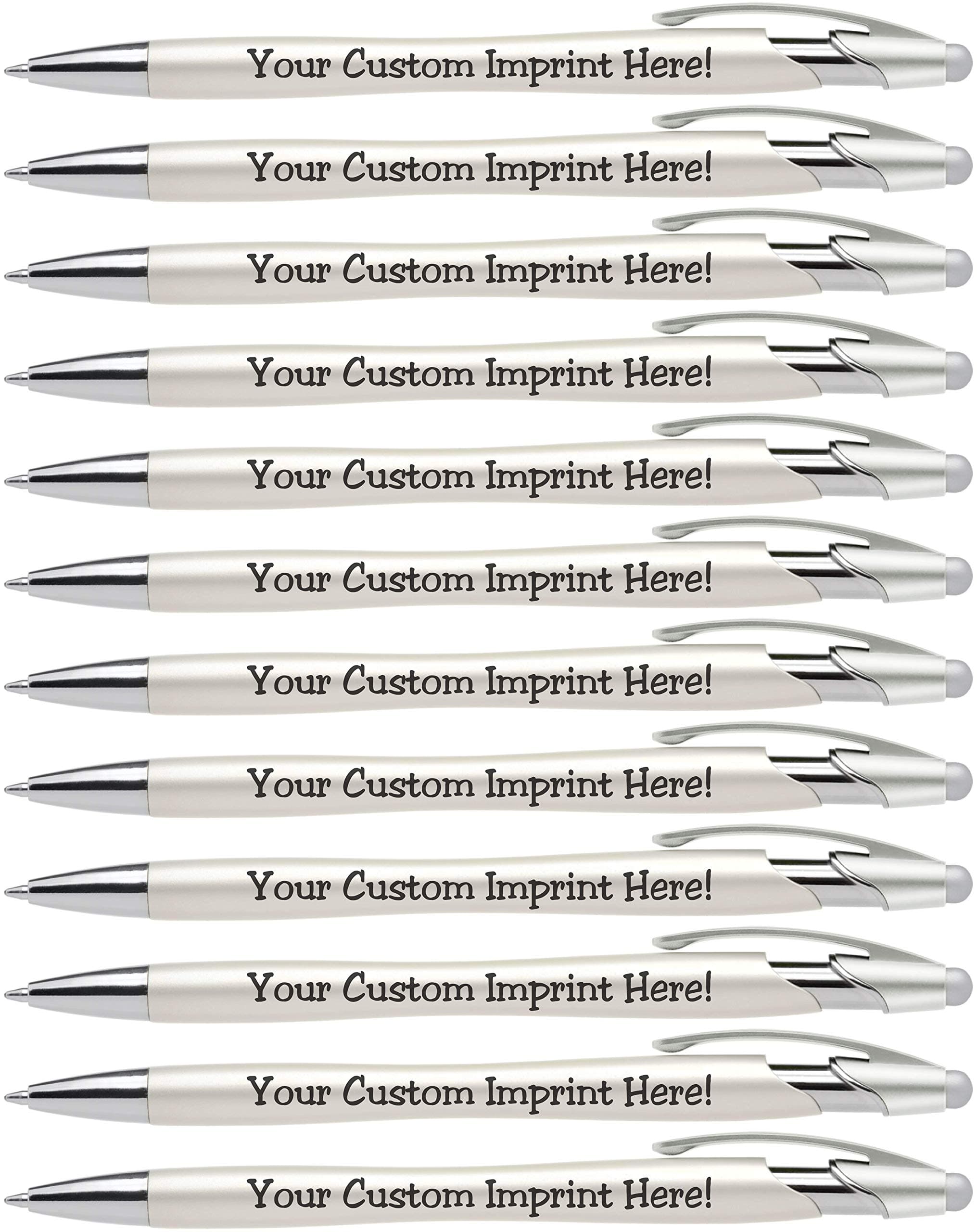 ExpressDesigns™ - Custom Pens with Stylus - The Pearl - Personalized Metallic Printed Name Pens with Black Ink - Imprinted with Logo or Message - Great Gift Ideas - 12 pack (Silver)