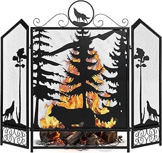WICHEMI Fireplace Screen 3 Panel Fireplace Screens for Fireplace 44 x 33.5 Inch Metal Fireguards Mesh Cover Baby Safe Proof Fence Spark Guard Cover Wrought Iron Fire Place Standing Gate (Style 5)