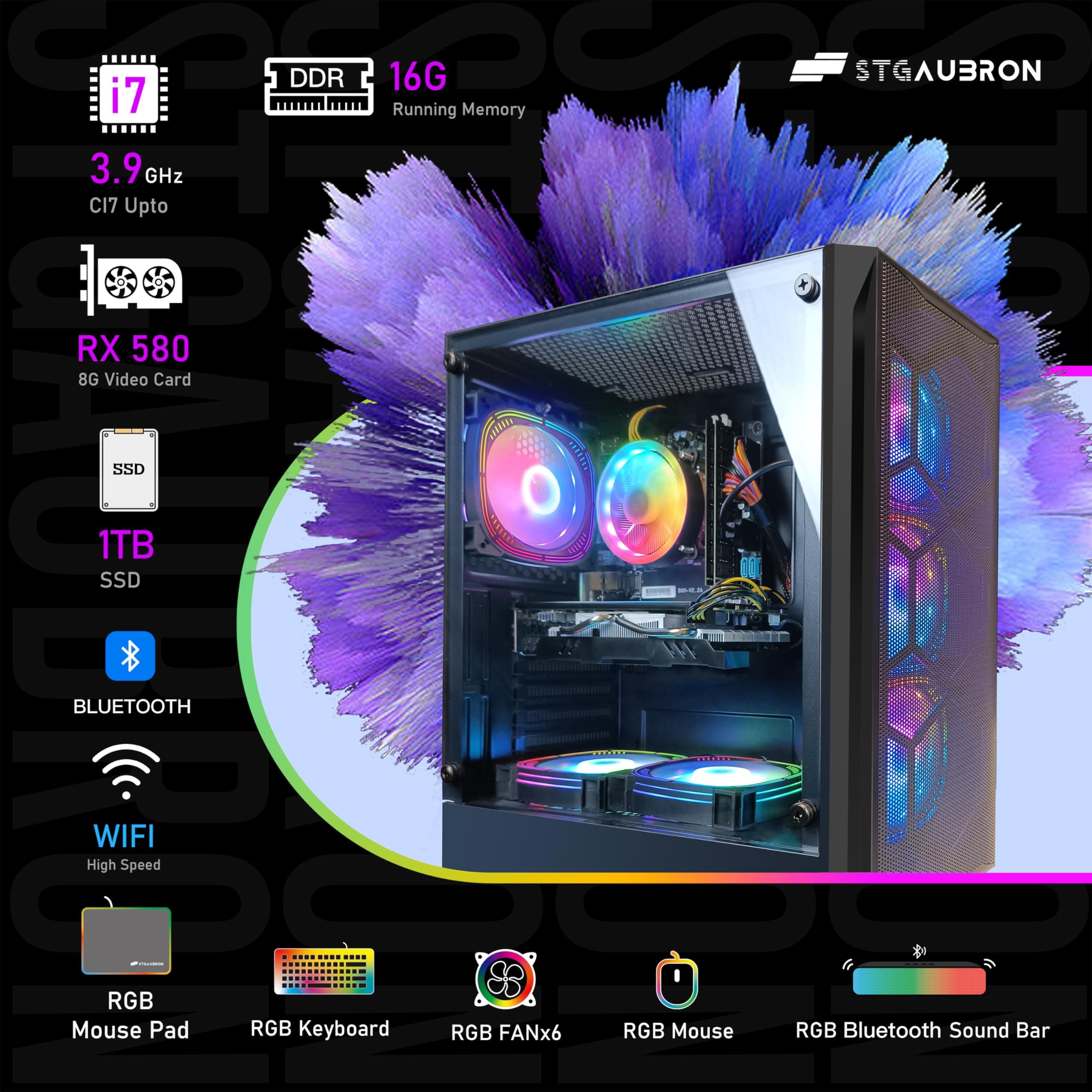 STGAubron Gaming Desktop, Intel Core i7 up to 3.9G, 16G RAM, 1T SSD, Radeon RX 580 8G GDDR5, 600M WiFi, BT 5.0, RGB Fan x 6, BT Sound Bar, Gaming Mic, Windows 11 Home
