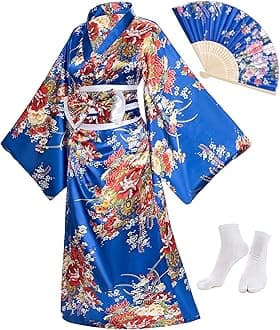 Japanese Anime Women's Kimono Robe Geisha Yukata Sweet Dress Blossom Satin Bathrobe Sleepwear Fans Tabi Socks Set