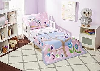 4 Piece Toddler Bedding Set - Owls - Soft 100% Cotton Percale - Includes Comforter, Flat Sheet, Fitted Sheet and Reversible Pillowcase