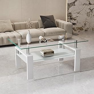 Glass Coffee Table for Living Room, Modern Coffee Table with Transparent Tempered Glass Top and White Metal Legs, Rectangle Tea Table for Home