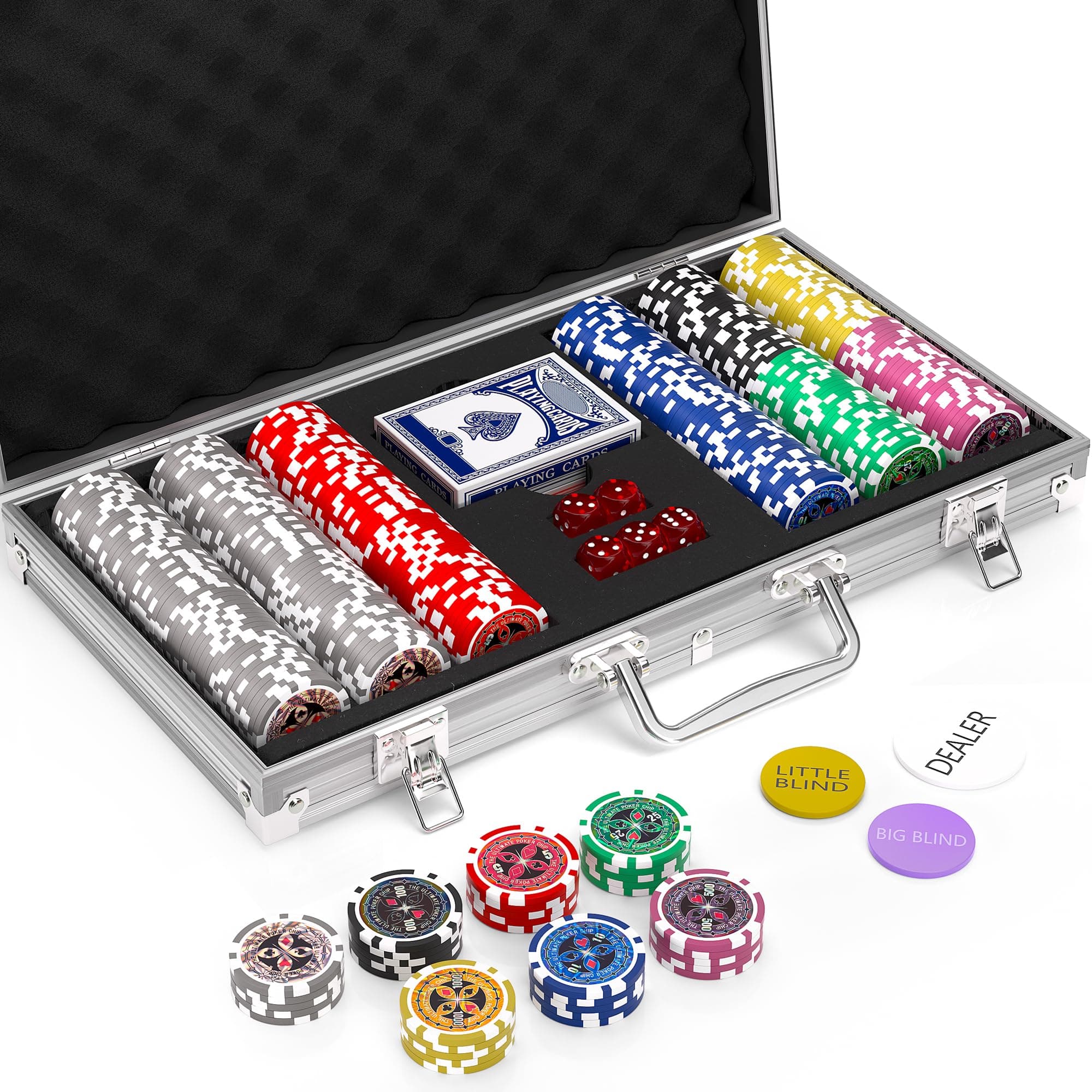 300pcs Poker Chip Set Denominations Poker Chip Set Numbered Chips Texas Holdem,Professional Casino Chips,Clay 11.5 Gram Chip Aluminum Case Texas Hold’em Chips Blackjack Gaming Poker Games Poker Set