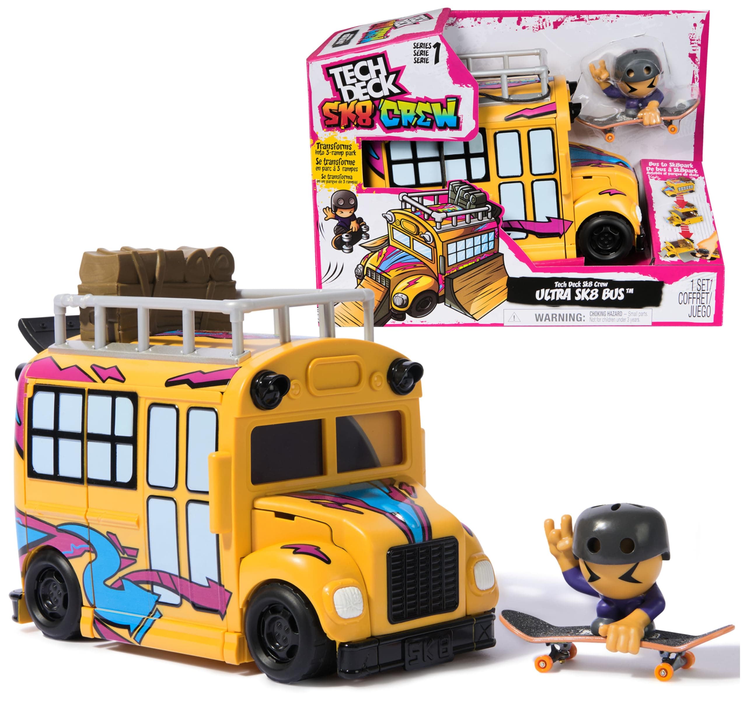 TECH DECK Sk8 Crew 2-in-1 Transforming Ultra Sk8 Bus & Storage with Fingerboard & Figure, Collectible Mini Skateboards, Kids Toys for Ages 5 and up