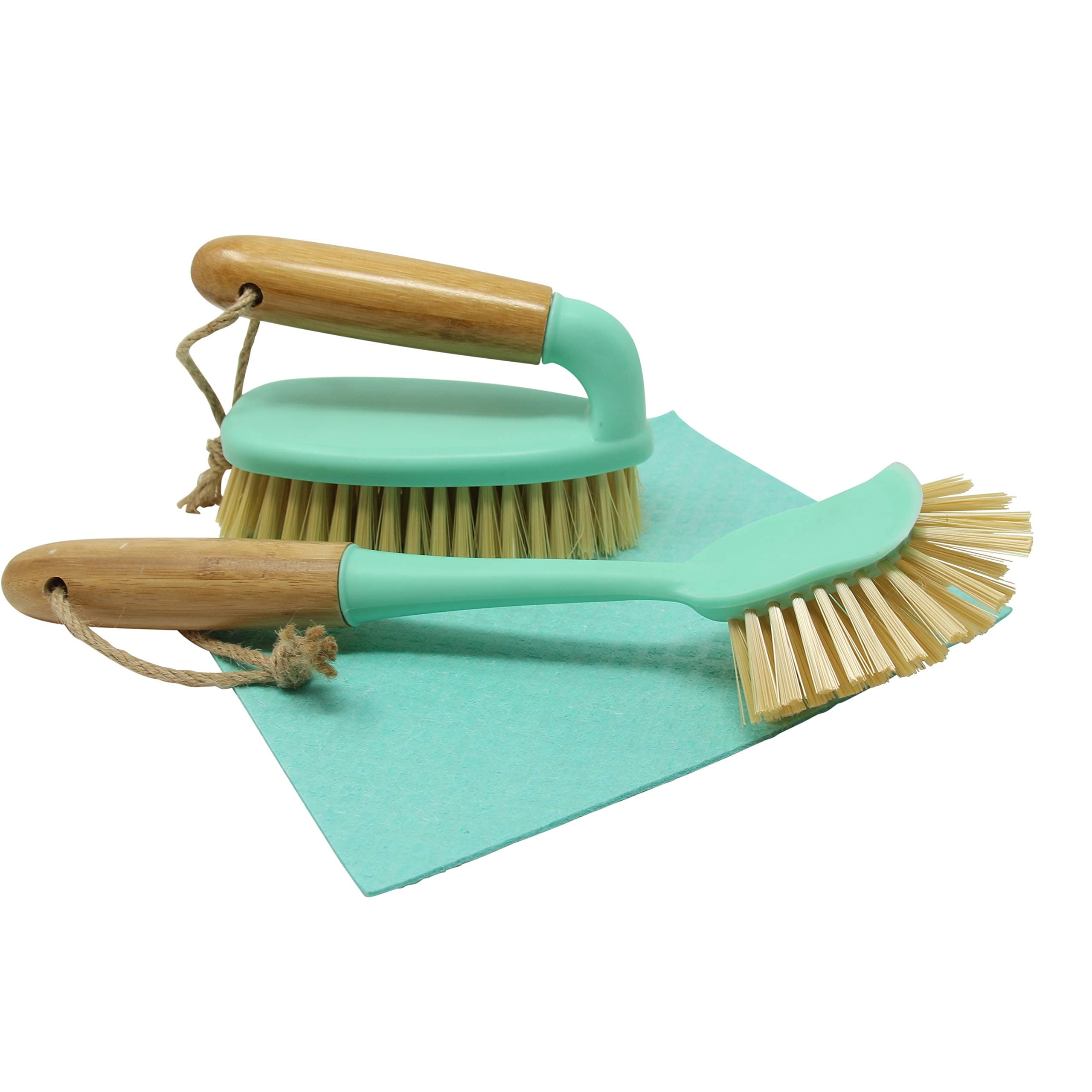 Scrub Brush Dish Scrubber Set - Long Bamboo Handle Scraper for Kitchen or Bathroom Cleaning - Bottle Brush & Swedish Dishcloth for Dish Washing Scrub Plates, Shower, Floor Tile, Tumblers, Instant Pot
