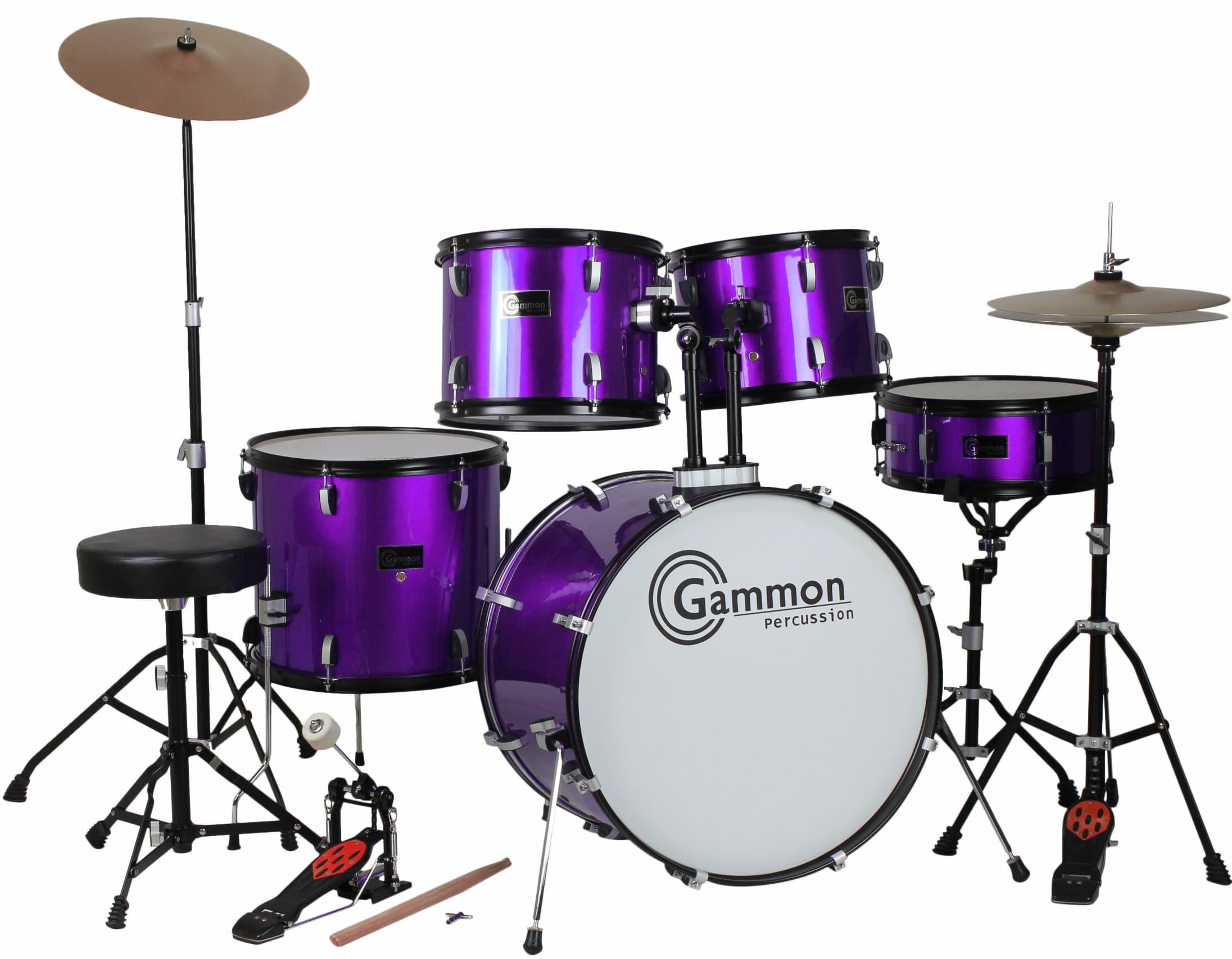Purple 5 Piece Drum Set with Cymbals Stands Hardware Stool and Sticks Full Adult Size Complete