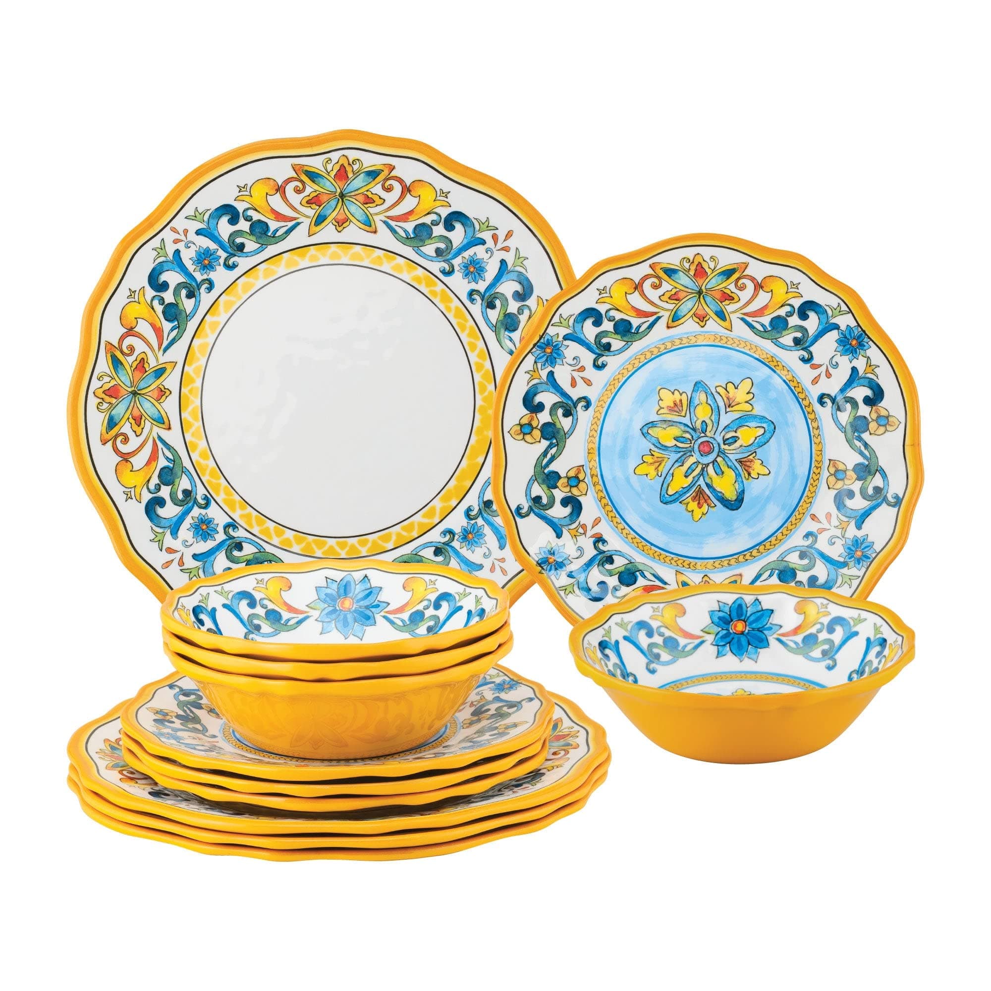 UPware 12 Piece Chianti Melamine Dinnerware Sets, Outdoor Dishes Set, Plates and Bowls Sets, Service for 4, Multicolor