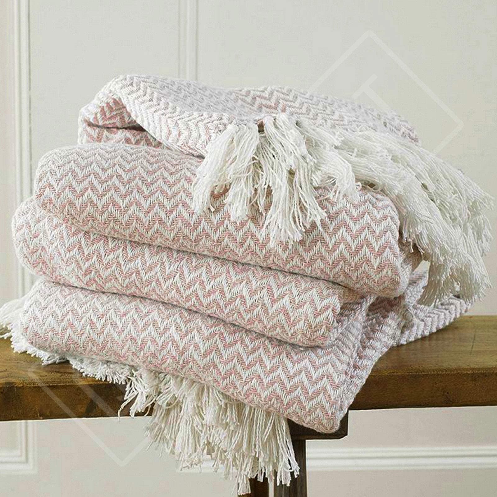 QPC Direct 100% Cotton Hand Woven Herringbone Chevron Throw (Blush Pink Chevron, Small 50" x 60" [127 x 152cm])