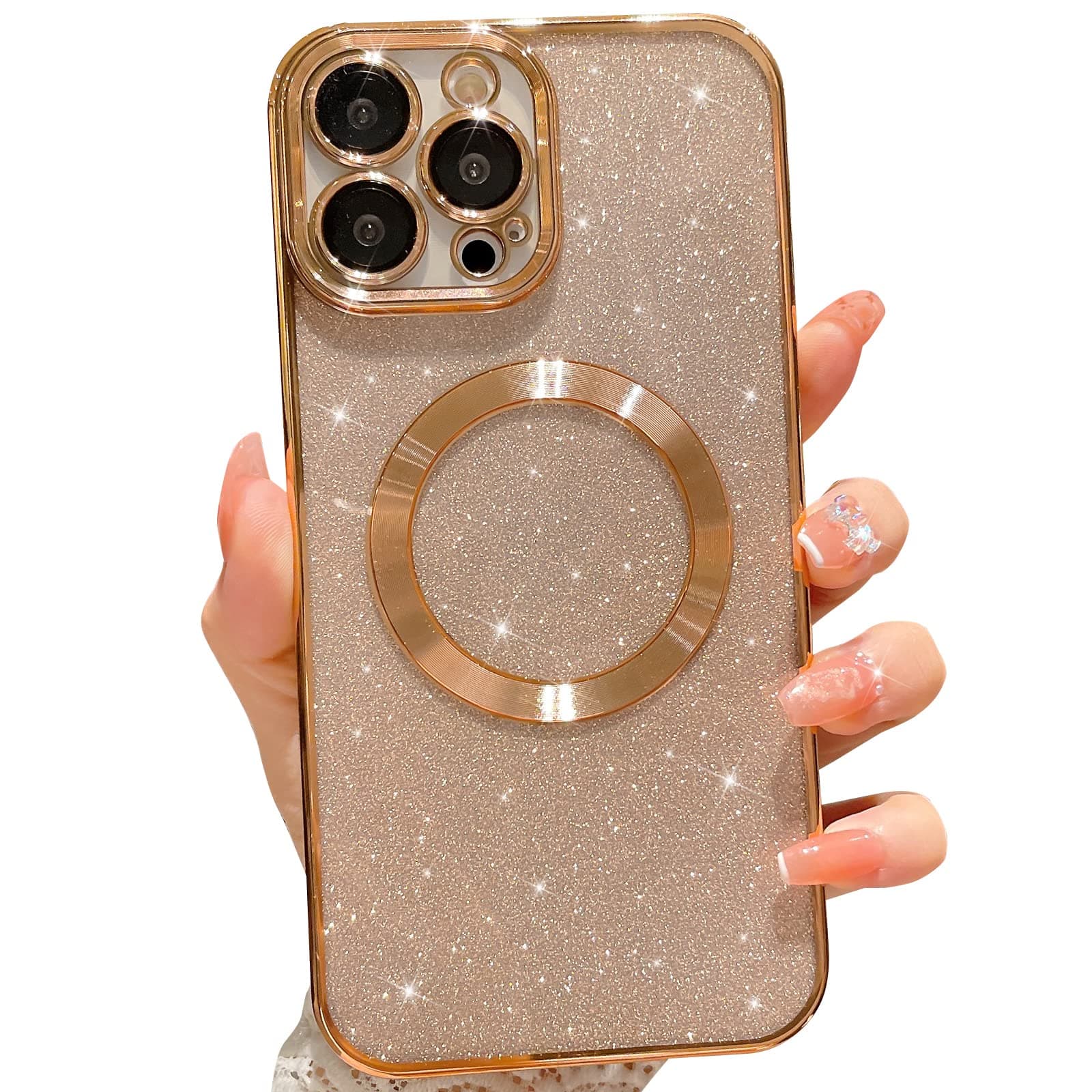 MGQILING Magnetic for iPhone 13 Pro Max 6.7 inch Glitter Case, Luxury Plating Cute Bling Clear Phone Case, Compatible with MagSafe for Women Girls with Camera Protector Back Cover-Gold