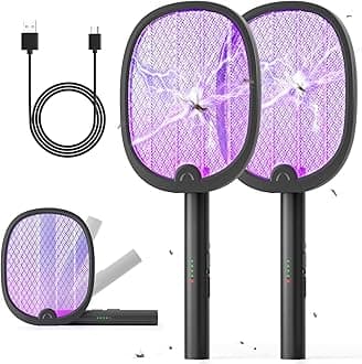 YISSVIC Electric Fly Swatter Foldable Bug Zapper Racket 2 in 1 Mosquito Killer with Purple Attractant Light Rechargeable 1800mAh for Indoor Home Backyard Patio Camping