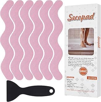 Anti Slip Shower Stickers, Adhesive Decals Safety Strips with Scraper for Bath Tub, Shower Floor, Stairs, 24 Pieces (Pink)