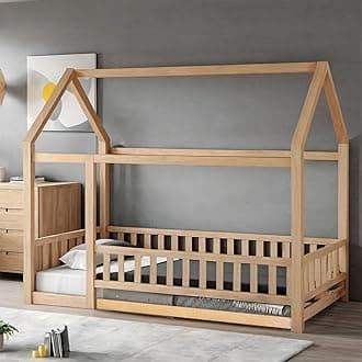 Twin Size Floor Bed, Wood Montessori House Bed Frame with Fence, House Floor Bed for Kids, Boys and Girls, Decoratable Playhouse for Kids, Natural
