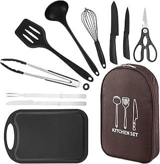Camping Cooking Essentials Utensils Set - Camp Cookware Kitchen Accessories Kit, Camper Gear Must Haves, Stainless Steel & Silicone, RV Car Portable Outdoor Equipment Tool