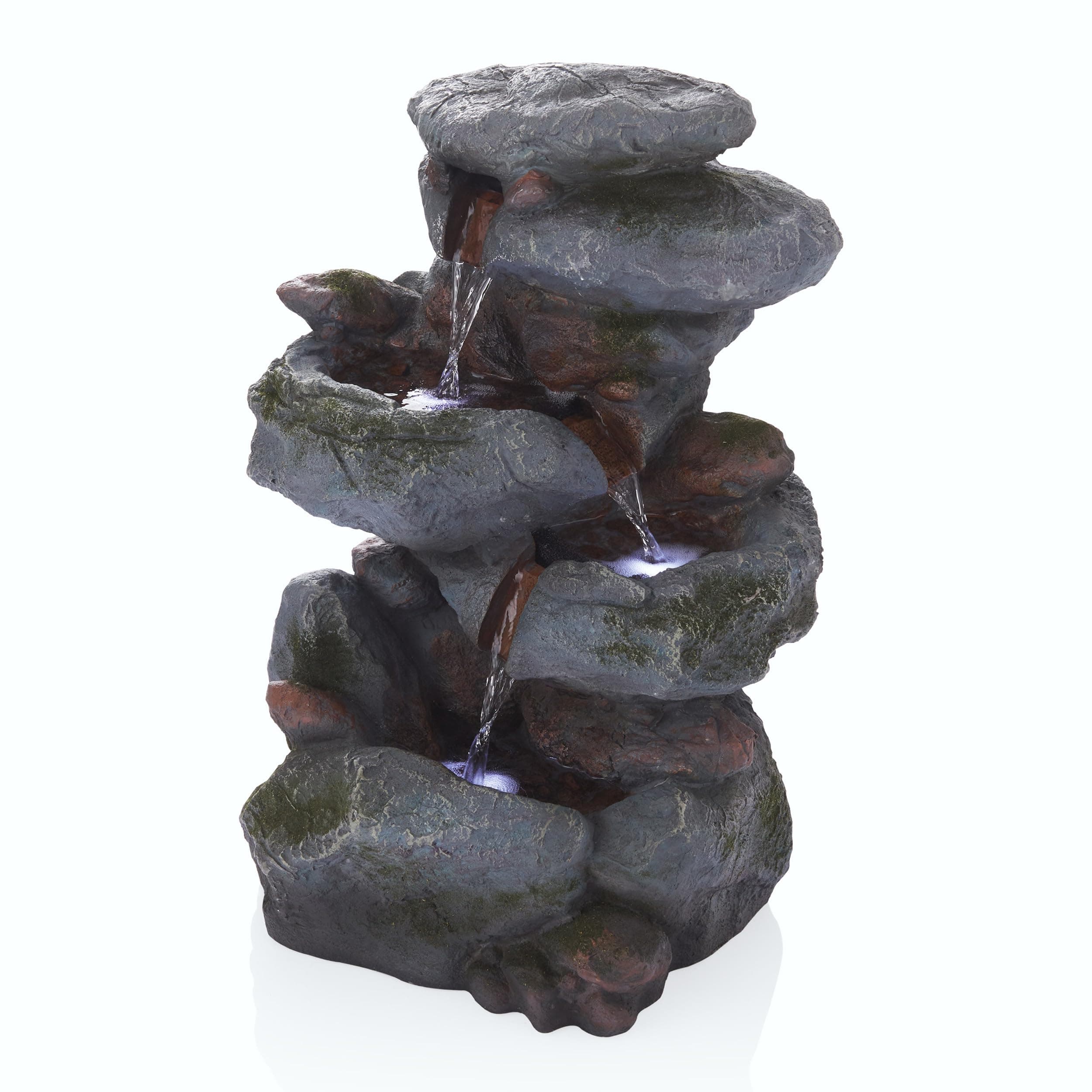 Alpine Corporation 22" Tall 3-Tier Outdoor Rock Waterfall Fountain with LED Lights, Natural Stone Look for Garden, Patio, Yard & Porch Decor, Gray