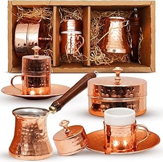 Turkish Coffee Set – Turkish Coffee Maker Set w/ 2 Cups, Sugar Dish, Copper Turkish Coffee Pot (Cezve) – Traditional Turkish Gifts in A Box – Coffee Gifts for Coffee Lovers