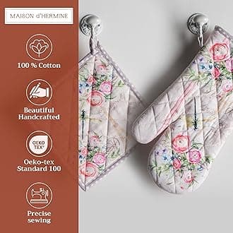 Maison d' Hermine Oven Mitt & Pot Holder 100% Cotton Heat Resistant Kitchen Oven Mitt (19cm x 33cm) & Pot Holder (20cm x 20cm), Chef, Wedding, Champ De Mars - Spring/Summer