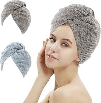 2 Pack Microfiber Hair Towel Wrap,Absorbent Hair Drying Towel with Button,25.6X9.8 inch Anti-frizz and Dry Hair Quickly (Gray&Blue)