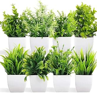 Dekorly Artificial Potted Plants 8 Pack Artificial Plastic Eucalyptus Plants Small Indoor Potted Houseplants, Small Faux Plants for Home Decor Bathroom Office Farmhouse (Set 0F 8)