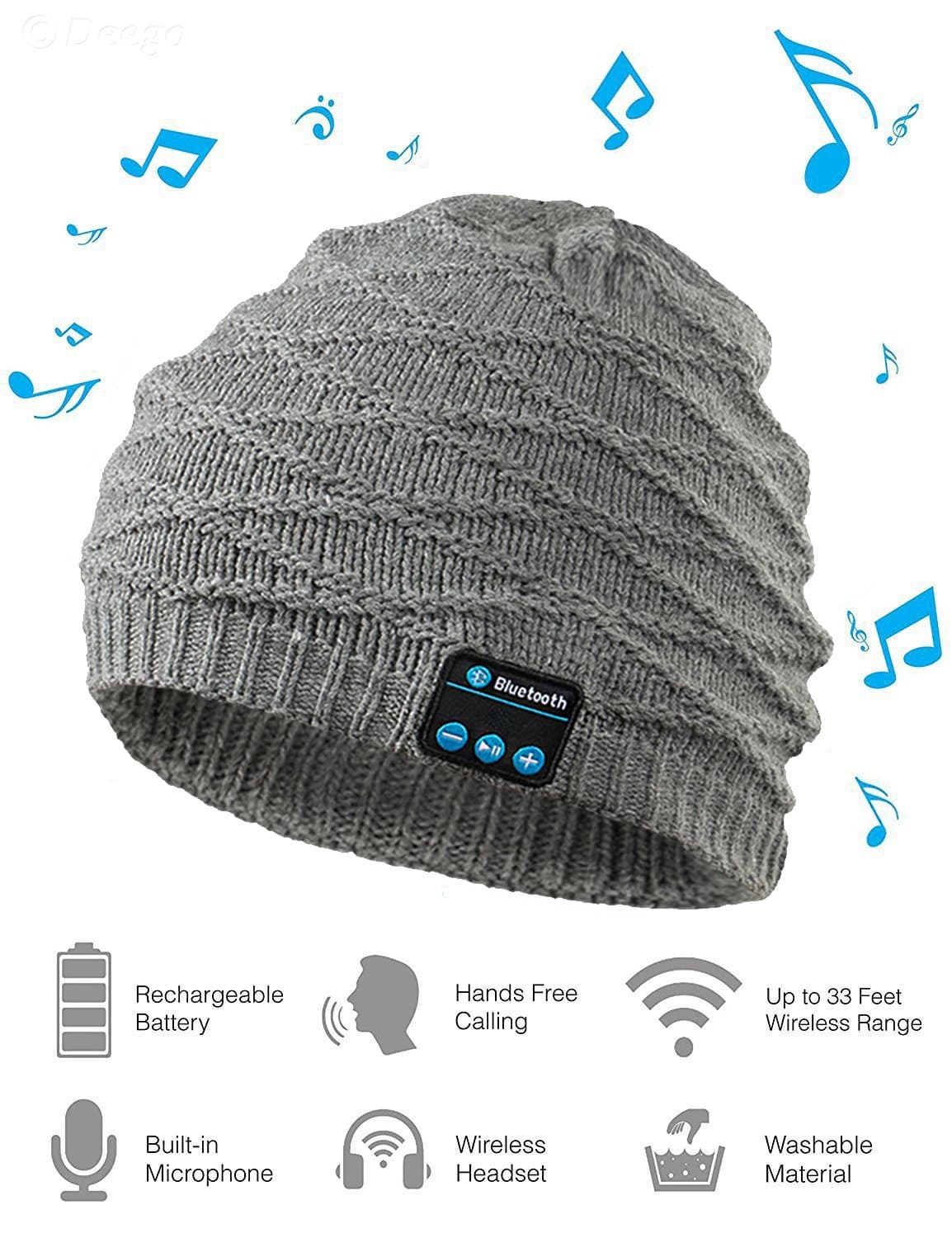 Bluetooth Beanie Hat Headphone, Wireless Musical Winter Knit Cap with Built-in Stereo Speaker Headphones Microphone Hands Free for Cell Phones, iPhone, iPad, Android, Laptops, Tablets(Grey)