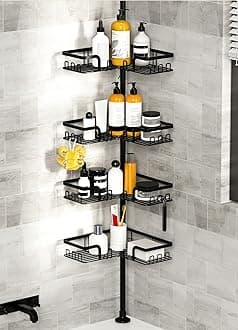 Telescopic Shower Caddy, Corner Shower Shelf Bathroom Corner Storage Bath Organizer Caddy without Drilling, 4 Basket Black