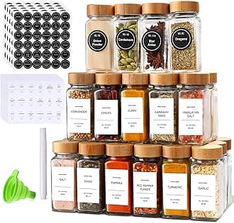 DIMBRAH Spice Jars with Label-4oz 36Pcs, Glass Spice Jars with Bamboo Lids, Container Set with White Printed Labels,Kitchen Empty Jars with Shaker Lids