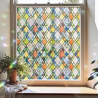 ADD.HERES Window Privacy Film, Stained Glass Decorative Static Cling, Removable Laser Sun Blocking Vinyl Covering,Window Film for Home Kitchen Living Room, Rainbow Crystal Shards, 17.3 x 78.7in